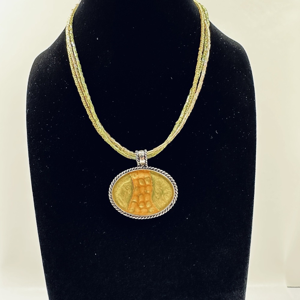 KC Signed Multi Strand Beaded Necklace Green Gold Resin Pendant Boho 18" Unique - Picture 3 of 11